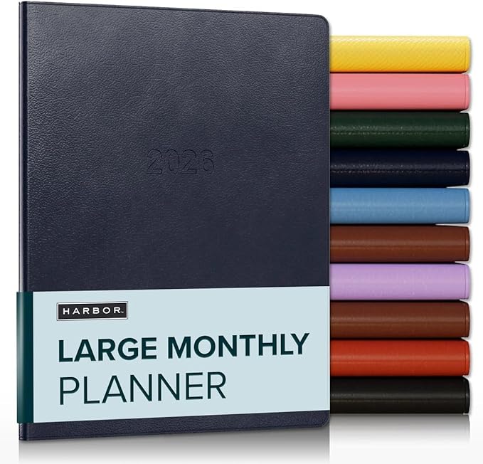 Harbor Large Monthly Planner 2025-2026, Calendar Planner and Notebook, Durable Faux Leather, 14 Months, 96 Pages, Softcover & Lightweight - Leida Navy - 9.75x7.5"