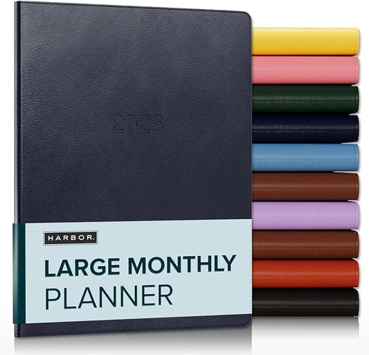 Harbor Large Monthly Planner 2025-2026, Calendar Planner and Notebook, Durable Faux Leather, 14 Months, 96 Pages, Softcover & Lightweight - Leida Navy - 9.75x7.5"