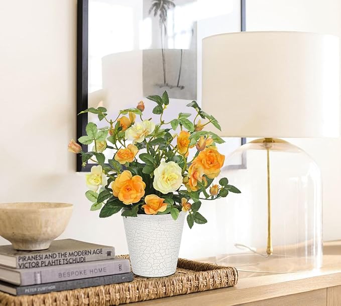 Hollyone Artificial Plants & Flowers in Vase Yellow Camellia Roses Small Faux Flower Plant Arrangement with Pot Fake Rose Flowers Home Decor Office Bathroom Shelf Desk Table Decoration