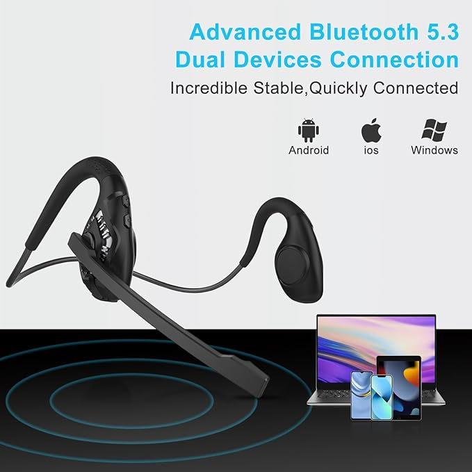 iDIGMALL Bluetooth 5.3 Headset with Microphone, Open Ear Headphones w/Noise Cancelling Mic for Phone PC Computer Laptop, Lightweight & Comfortable Wireless Headset for Office Driving Working Home,10H