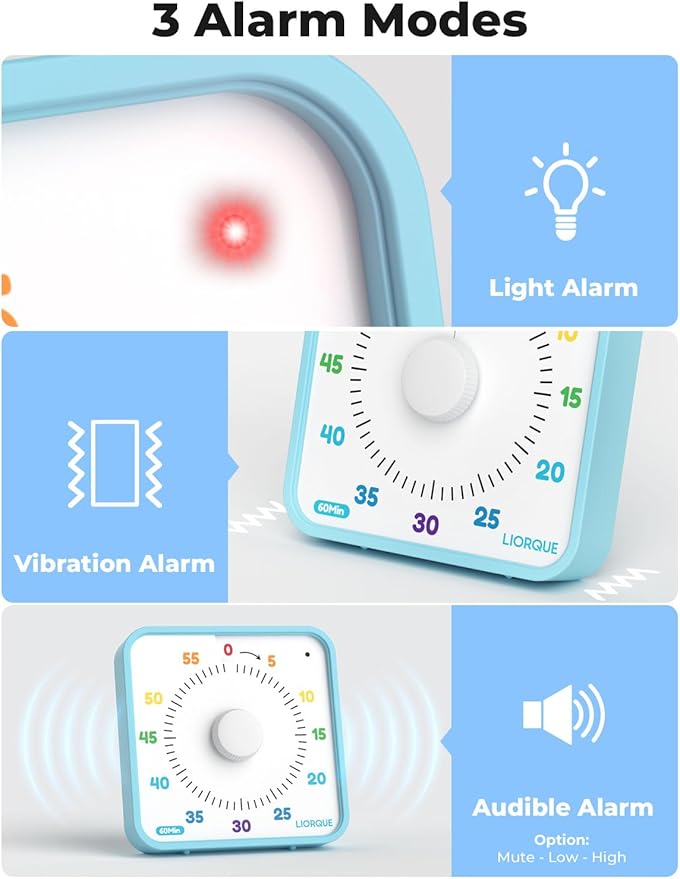 LIORQUE 60 Minute Visual Timer for Kids and Adults, Non-Ticking 7.5 Inch Large Visual Countdown Timers for Classroom Desk Countdown Clock with Magnetic Backing, Kids Pomodoro Timer Clock
