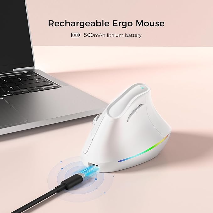 57° Wireless Ergonomic Mouse, Vertical Mouse, Carpal Tunnel Mouse, RGB Light, Rechargeable, Bluetooth & 2.4G, 5-level DPI Adjustment, Quiet Click Ergo Mice Compatible with PC, Laptop, Mac, White