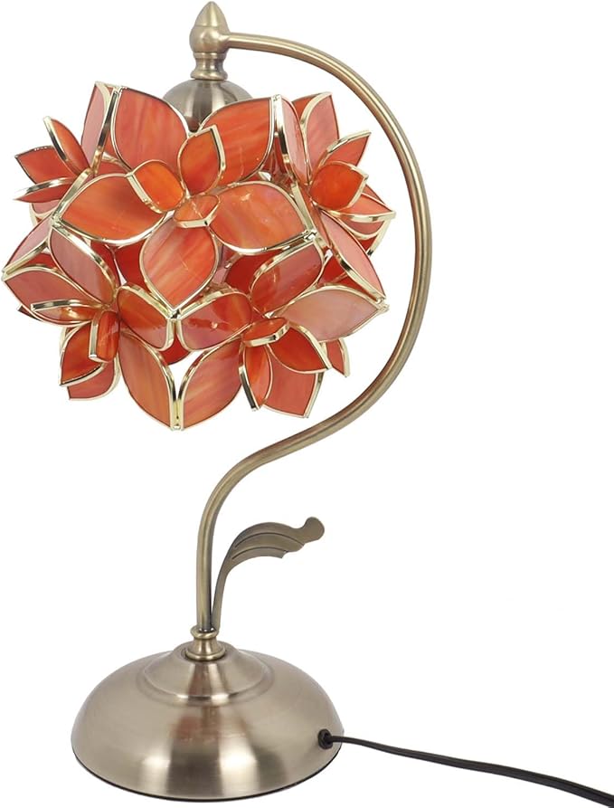 Bieye L10922 Tiffany Style Stained Glass Flower Petal Table Lamp with Brass Base for Home Décor (Orange, 8" Rose Lily)