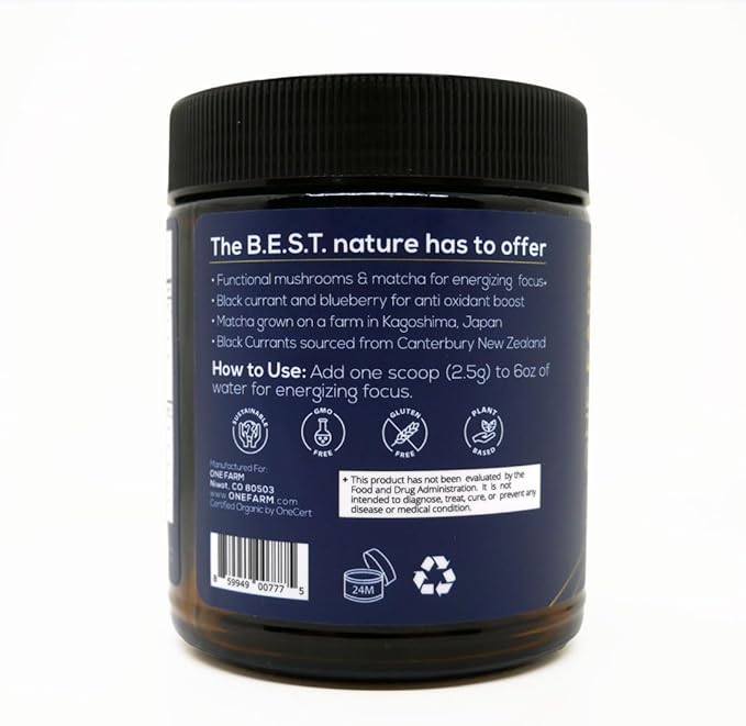 One Farm Energizing Focus Powder Blend - with USDA Organic Blackcurrant, Matcha, Lions Mane, Cordyceps, Rhodiola, and More in a Resealable Glass Jar. 45 Servings - Tart Berry Flavor