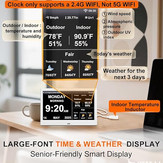 2025 New Digital Clock with Temperature/Humidity & Weather Forecast, Auto Time Sync Large Display, Custom Alarms & Medication Reminders, Ideal for Elderly (White, 10.1inch)