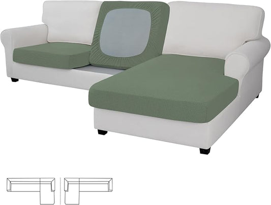 Easy-Going Stretch 3 Pieces Couch Cushion Covers for Sectional Sofa Left/Right L Shape Chaise Lounge Sofa Seat slipcover Anti-Slip Sofa Cover Soft (2 Seater + 1 Chaise, Greyish Green)