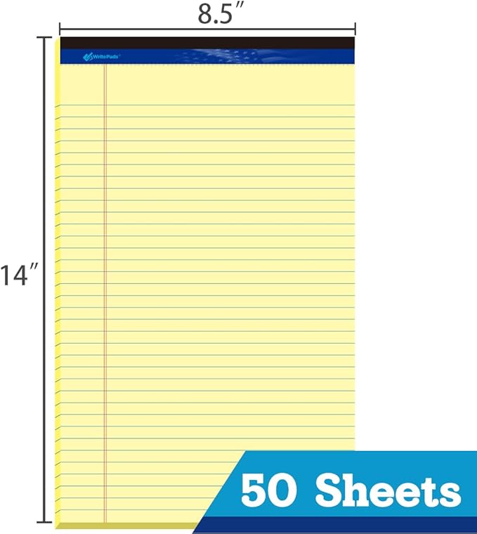 Legal Pad 8.5"x14" Note Pad,Wide Ruled Writing Pad,Canary Paper,6 Pack,50 Sheets Per Pad,Micro perforated Notepad,Made in the USA