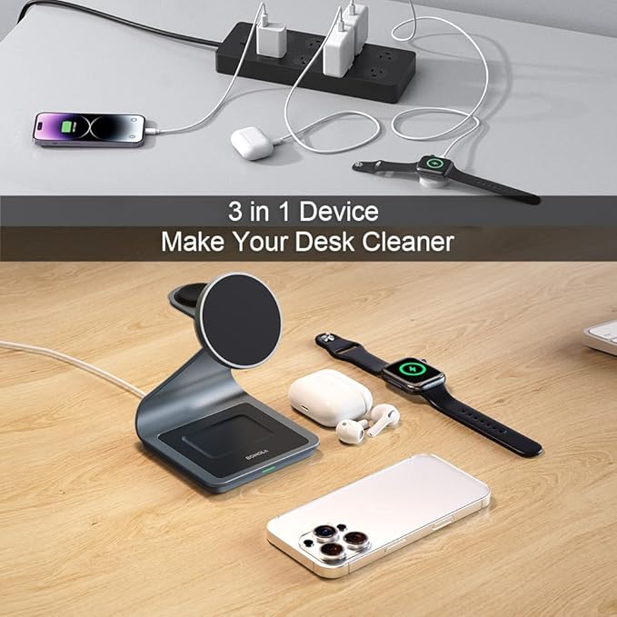 3 in 1 Charging Station for Apple Multiple Devices, Aluminum Magnetic Wireless Charger Stand for iPhone 16/15/14/13/12 Series, Wireless Chargers Dock Stand for Apple Watch/AirPods Pro