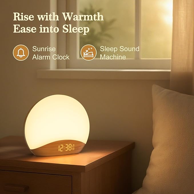 REACHER Wood Grain Sunrise Alarm Clock and Sound Machine Nightlight, Digital Dimmable Clock for Bedroom, 26 Sleep Sounds, White Noise Machine for Baby, Adults, Wake Up Light Alarm Clock for Kids