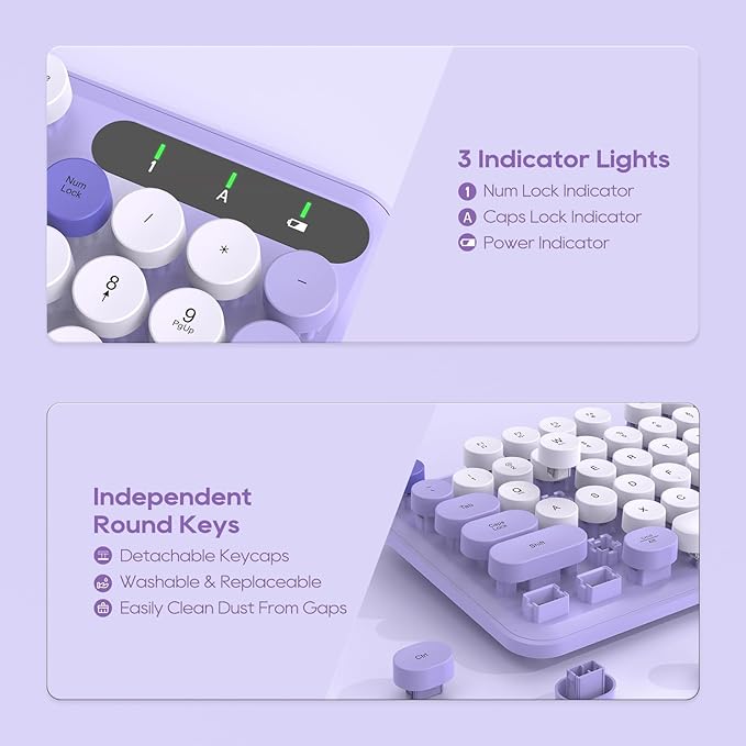 Wireless Keyboard and Mouse Combo, Cute Round Keycaps, Full-Size Retro Typewriter Keyboard with Detachable Wrist Rest, 2.4GHz Cordless Connection for Mac/Windows/PC/Laptop (Purple-Colorful)