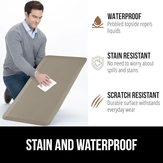 GORILLA GRIP Comfortable Cushioned Kitchen Mats for Floor, 39x20, Waterproof and Stain Resistant Soft Top, 3/4 Inch Thick Ergonomic Standing Desk Anti Fatigue Mat, Foam Supports Ankles and Feet, Taupe
