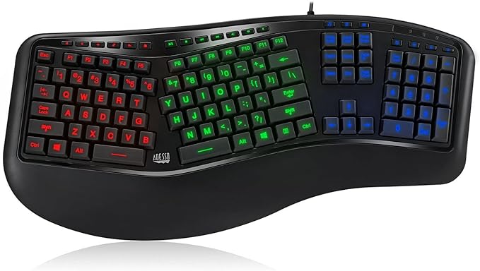 Adesso Tru-Form 150 3-Color Illuminated USB Ergonomic Keyboard AKB-150EB