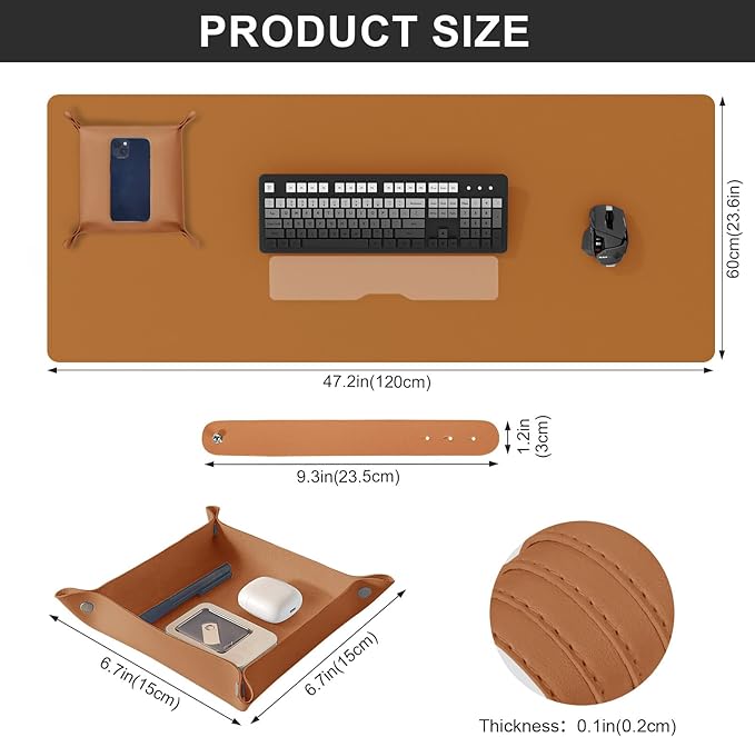 DAWNTREES Dual Sided Desk Mat,Brown Leather Desk Pad,47.2''x23.6'',Cork Desk Mat Protector,120x60cm Extra Large Mouse Pad,with PU Leather Valet Tray Organizer,Desk Writing Pad for Office and Home