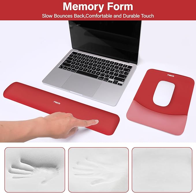 MOSISO Wrist Rest Support for Mouse Pad&Keyboard Set, Rectangular Ergonomic Mousepad Non-Slip Base Home/Office Pain Relief&Easy Typing Pad with Neoprene Cloth&Raised Curved Memory Foam, Red