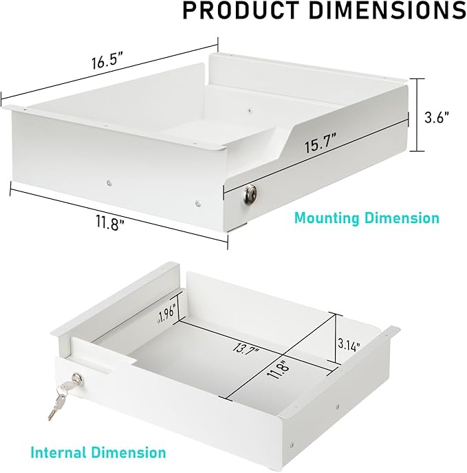 Lockable Drawer for Under Desk White,16" W x 11.8" D x 6.3" H Under Desk Locking Locking Drawer