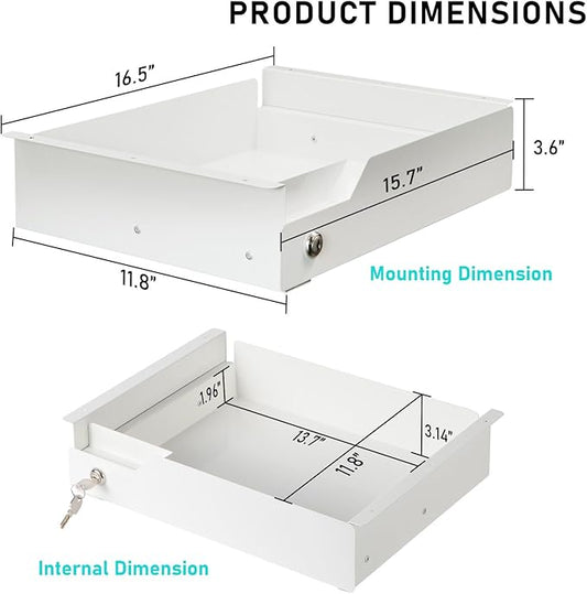 Lockable Drawer for Under Desk White,16" W x 11.8" D x 6.3" H Under Desk Locking Locking Drawer