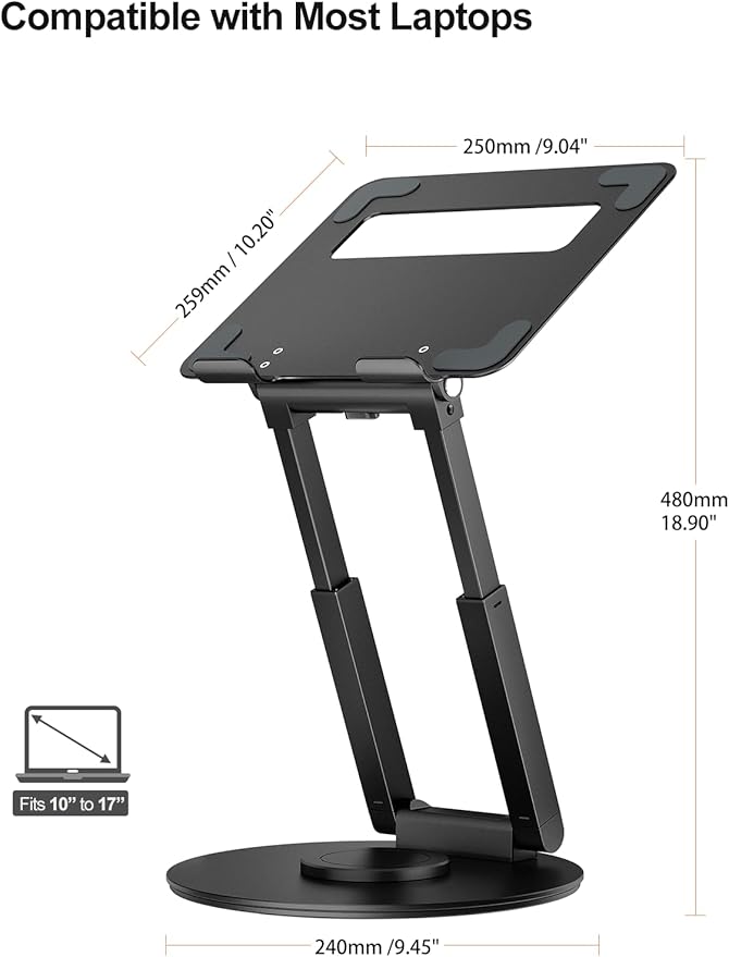 tounee Telescopic Laptop Stand for Desk with 360° Swivel Base, Sit to Stand, Height Adjustable, Portable Riser Holder for Good Posture, Compatible with MacBook Pro, All Laptops 10-17" - Black