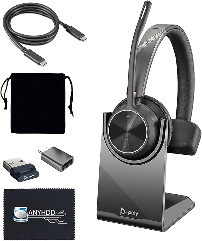 Poly Voyager 4310 UC Wireless Headset + Charge Stand - Connect to PC/Mac & Cell Phone, Single-Ear Headset with Mic + Charging Station + USB A to C Adapter + USB C-C Cable + Pouch + Microfiber Cloth