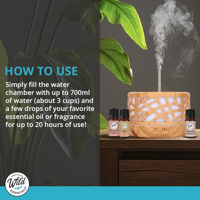 Wild Essentials 700ml Designer Large Room Essential Oil Diffuser, 5 in 1 Ultrasonic Aromatherapy Vaporizer Cool Mist Humidifier, Home, Office Bedroom, Timer Auto-Off, 7 Color LED, Light Wood Branches