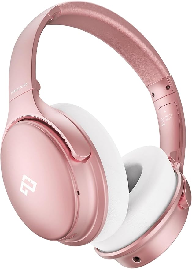 INFURTURE Rose Gold Active Noise Cancelling Headphones with Microphone Wireless Over Ear Bluetooth Headphones, Deep Bass, Memory Foam Ear Cups, Quick Charge 90H Playtime, for Travel/Sports/Audiobooks