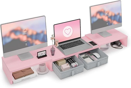 TEAMIX Pink Dual Monitor Stand Riser - Length and Angle Adjustable Monitor Stand with 2 Drawers to Storage Large Computer Riser for 2 Monitors/Laptop/PC, Wood Screen/TV Stand Desk Organizer (Pink)
