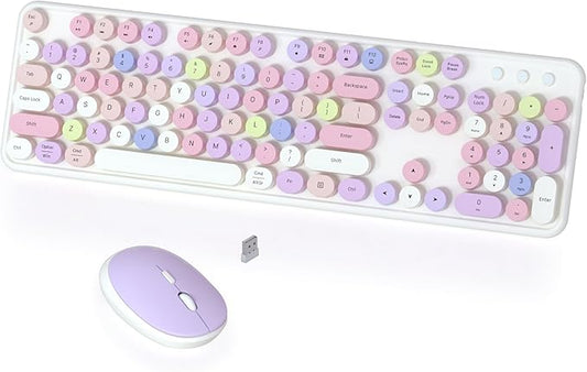 Colorful Wireless Keyboard and Mouse Combo, COVEVA 2.4GHz Wireless Retro Cute Round Keycaps Keyboard, 104 Keys Full-Sized Keyboard Mouse Set with Switch Button for PC Laptop Desktop (White Colorful)