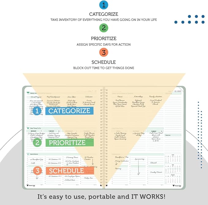 Planner Pad Spiral Bound 3-Tier Funnel Down 12 Month Organizer, July 2025 – June 2026 / Academic Year, Greenish Grey Cover/Soft Green Ink, 6 3/4" x 8 1/2"