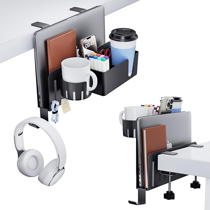 KDD 7 in 1 Desk Side Organizer Set, Under Desk Laptop Holder Storage, No Drill Laptop Stand Mount with 2 Cup Holder, Pen Holder, Headphone Hanger and 2 Pin Magnet, Detachable Hanging Stand