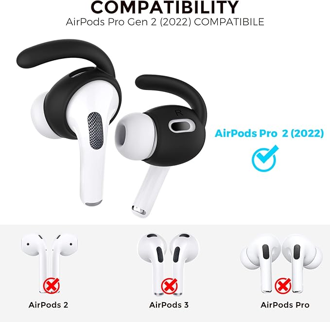 AhaStyle 4 Pairs AirPods Pro 2 Ear Hooks【Added Storage Pouch】 Anti-Slip Ear Covers Silicone Accessories Compatible with Apple AirPods Pro 2nd Generation (2 Large+2 Small, Black)