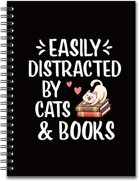 YAZMEEN Funny Cat Blank Spiral Notebook（160 Pages） Easily Distracted by Cats and Books Hardcover Sketchbook Cat Lover Notebook Book Lover Journal Funny Birthday Gifts for Librarian Bookworm Teacher