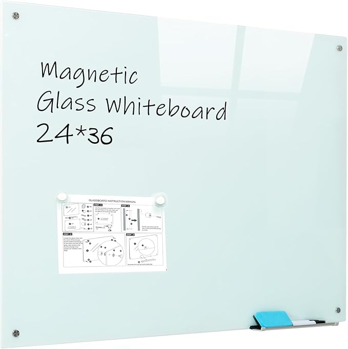Magnetic Dry Erase Glass WhiteBoard - Frameless Wall Mounted Glass White Board for School Teaching Office Meeting 24"x36"