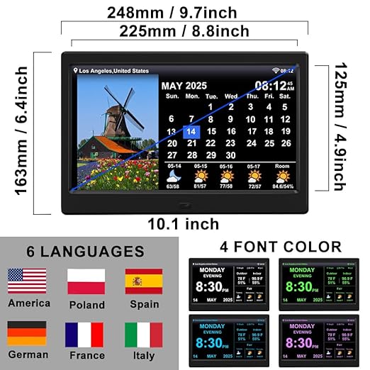 2025 New Digital Clock with Temperature/Humidity & Weather Forecast, Auto Time Sync Large Display, Custom Alarms & Medication Reminders, Ideal for Elderly(Black, 10.1-Inch)