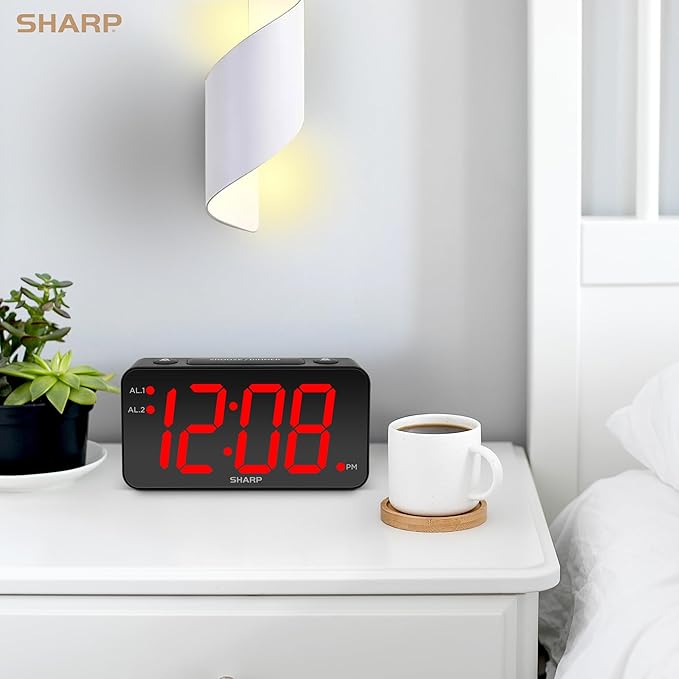 Sharp Digital Alarm Clock with Jumbo Numbers, Easy to See Large Numbers from Across Room with Simple Operation, Battery Back-up, Black Case with Red LED Display