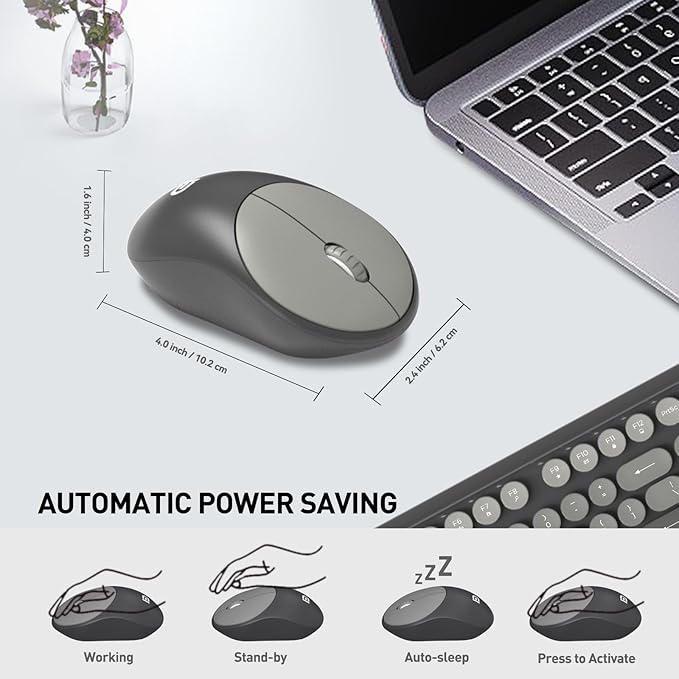 FOPETT Wireless Keyboard and Mouse Combo - Cute Colorful Mouse and Keyboard 2.4G Full-Sized with 104 Round Keys Retro Typewriter Keyboards for Laptop/Windows/PC - Grey Gradient