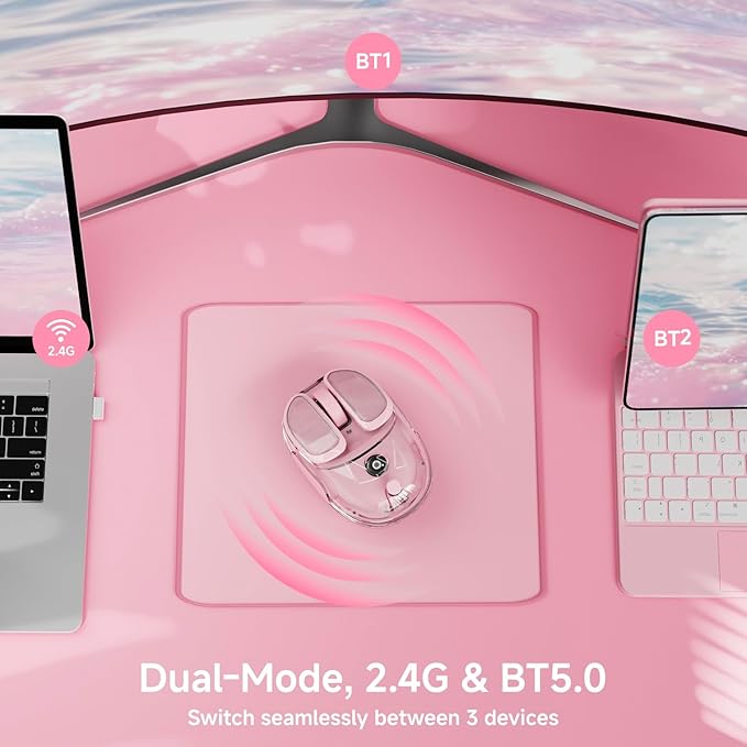 EWEADN Q9 Wireless Clear Mouse Dual Mode Bluetooth & 2.4G USB Computer Mouse with RGB Lighting, Silent Clicks, Multi-Device Compatibility for Laptop, PC, MacBook, iPad Cute Mouse-Pink