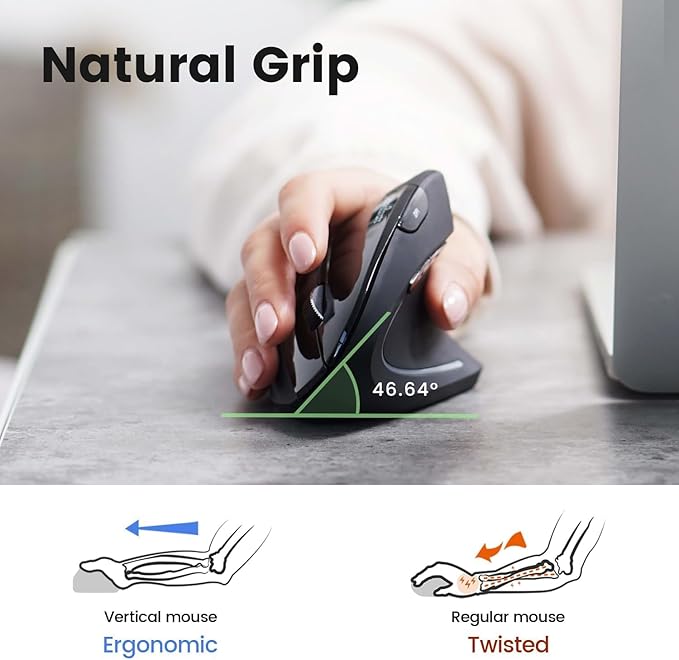 Perixx PERIMICE-813B Bluetooth Vertical Mouse - Wireless 3-in-1 Multi-Device Technology - Travelling Carry Bag - Black - Right Handed