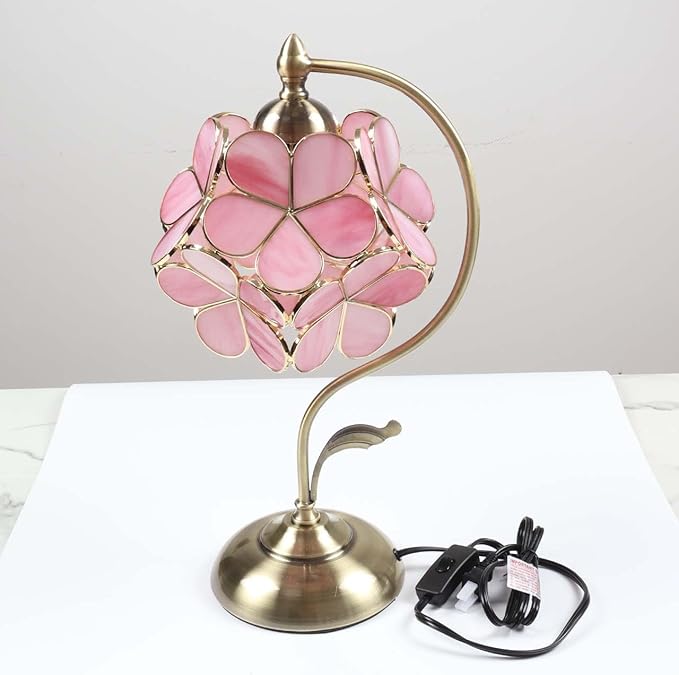 Bieye L10732 Tiffany Style Stained Glass Flower Petal Table Lamp with Brass Base for Home Décor (Pink, 8" Cherry Blossom)