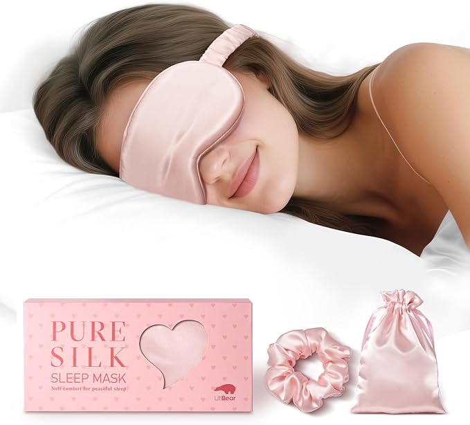 LitBear 100% Pure Silk Sleep Mask, 22 Momme 6A Mulberry Silk Fabric and Filling, Total Light Blocking Eye Mask Sleeping for Women, Men, Side Sleepers, Includes Travel Pouch and Scrunchie