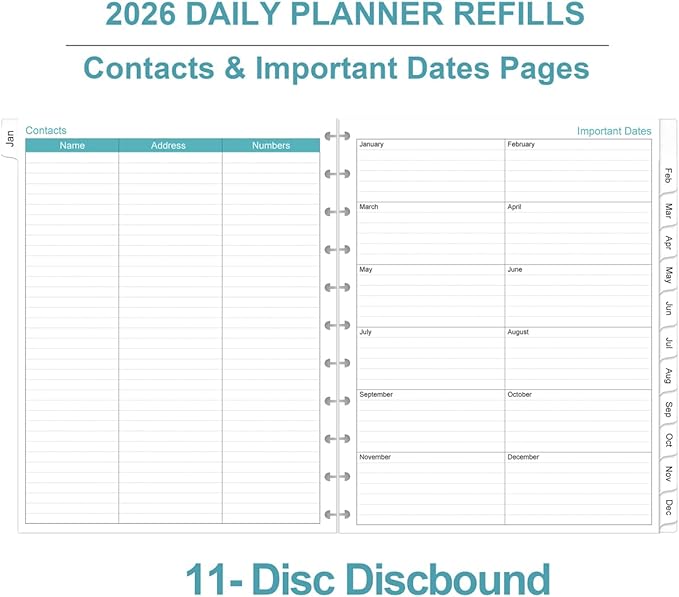 2026 Planner Refills, 11-Disc Discbound One Page Per Day, Daily ＆ Monthly Planner Refill from January 2026 - December 2026, Letter Size, 8.5" x 11"