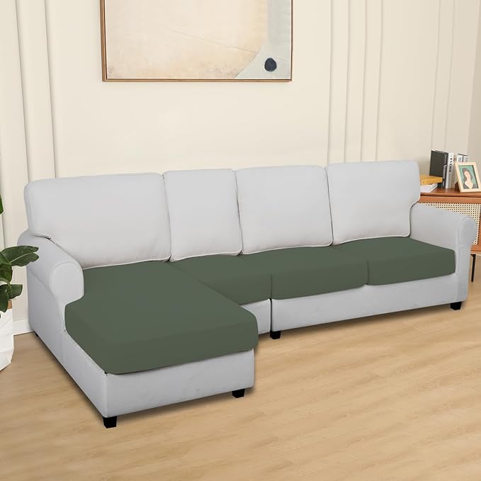 Easy-Going 100% Waterproof 4 Pieces Couch Cushion Covers for Sectional Sofa Left/Right L Shape Chaise Lounge Sofa Seat slipcover Anti-Slip Sofa Cover (3 Seater + 1 Chaise, Grayish Green