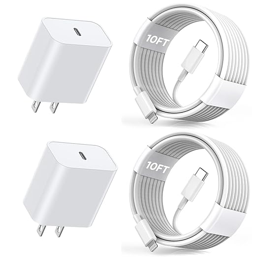 Extra Long 10FT Apple Fast Charger,[Apple MFi Certified]2Pack Fast iPhone Charger Travel Plug Adapter 20W Super Quick USB C Wall Block 10Foot Lightning Cable Cord for iPhone 14/13/12/11/8/X/XR/SE/iPad