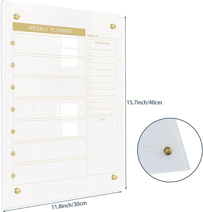 Glass Dry Erase Calendar Whiteboard for Wall, Small Weekly Calendar Glass White Board, 11.8" x15.7", Planner Board for Home, Office, School (Weekly-WH-3040)