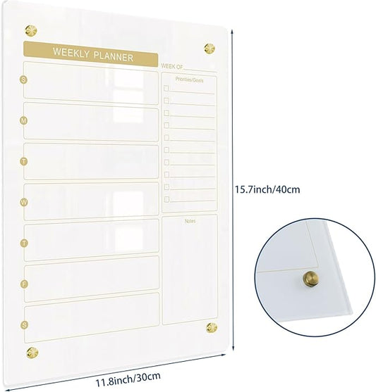 Glass Dry Erase Calendar Whiteboard for Wall, Small Weekly Calendar Glass White Board, 11.8" x15.7", Planner Board for Home, Office, School (Weekly-WH-3040)