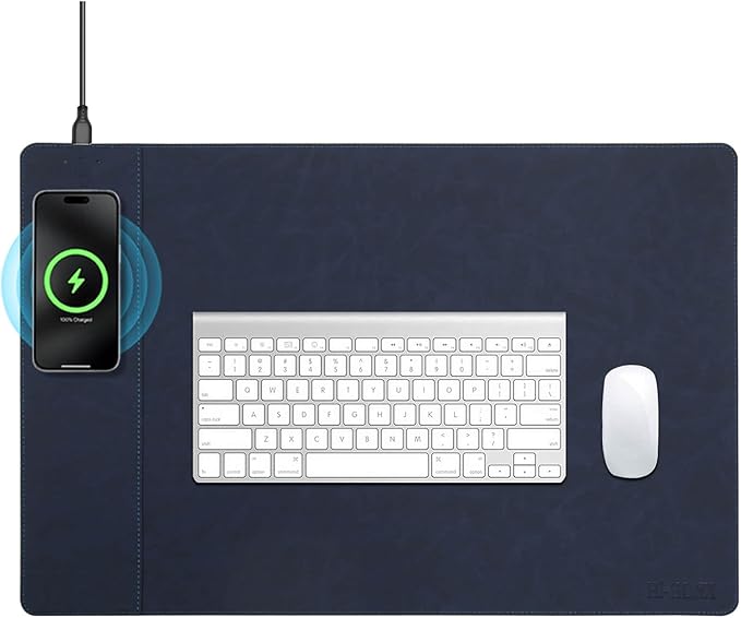 Magnetic Wireless Charging Desk Mat, 23.4''x15.6'' Large Office Mouse Pad, Microfiber Leather Mouse Mat with Ultra-Smooth Surface, Waterproof Computer Keyboard Desk Mat for Office & Home, Laptop, Blue