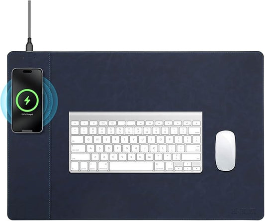 Magnetic Wireless Charging Desk Mat, 23.4''x15.6'' Large Office Mouse Pad, Microfiber Leather Mouse Mat with Ultra-Smooth Surface, Waterproof Computer Keyboard Desk Mat for Office & Home, Laptop, Blue