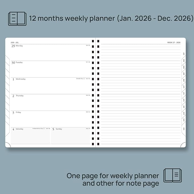 POPRUN 2026 Planner Weekly Notebook Calendar (Jan-Dec), Large Size 8.5'' x 10.5'' - Agenda 2026 Appointment Book with Monthly Tabs, Inner Pocket, Spiral Soft Cover, 100 GSM TJ- Cerulean Blue