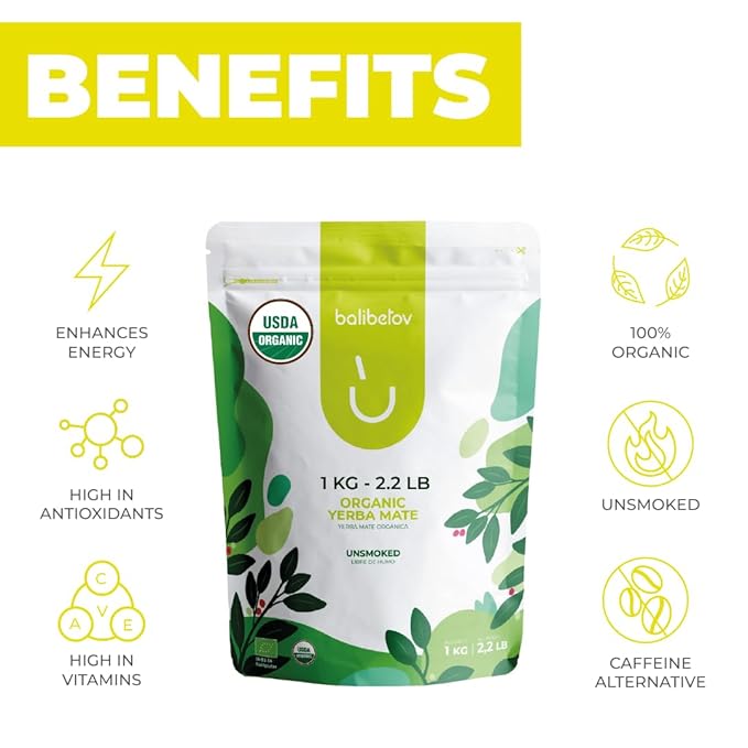 BALIBETOV USDA Organic Yerba Mate Tea Loose Leaf, 2.2. lb. Bag, Natural Traditional Cut, Clean High Energy, Unsmoked Artisanal, Gluten Free, Vegan Friendly, Hot or Cold Drink (2.2 Pounds (Pack of 1), Traditional Cut)