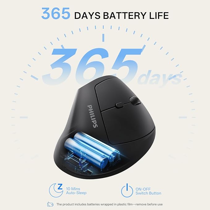 PHILIPS Ergonomic Mouse - Vertical Mouse with 800/1200/1600 Adjustable DPI, 6 Silent Buttons Design for S/M Hands, Auto Power Saving,Light Weight, 2.4GHz Wireless Mouse for Laptop, Desktop, PC-Black