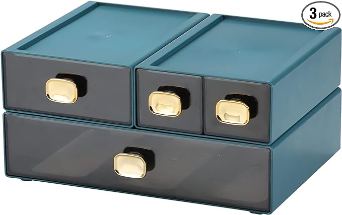 Spacious Desktop Storage Box, 1 Large 1 Middle & 2 Small Storage Drawers, Stackable Office Desk Drawer Organizer and Accessories, Printer Paper Organizer, Blue Plastic Drawers for Workspace