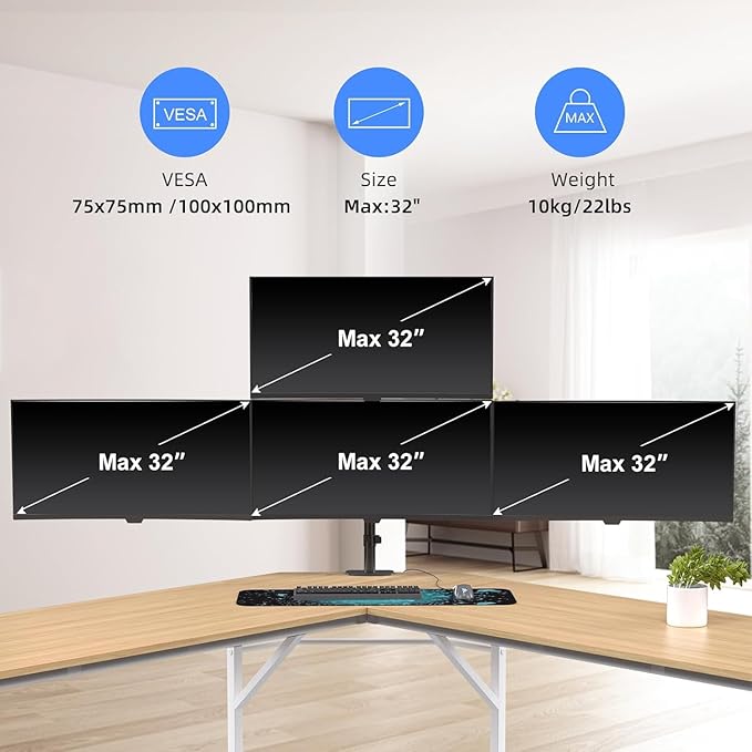 Pholiten Quad 4 Monitor Arm Desk Mount for Max 32 inch Screens, Gas Spring Adjustment Monitor Stand with VESA 75x75mm, 100x100 mm, Clamp & Grommet Install Black MD18864